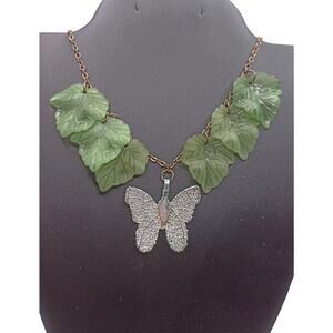 Handmade Butterfly Necklace with Green Leaf Accents Stainless Steel 24"